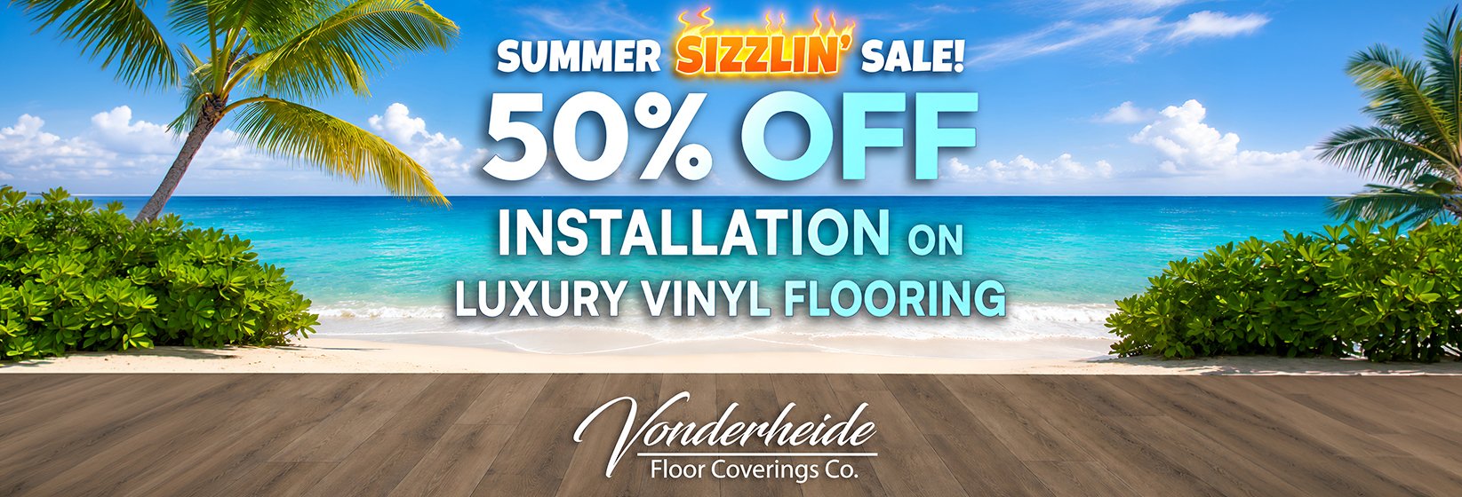 A summer-themed promotional graphic split into two sections. The top half shows a sunny tropical beach with clear blue sky, fluffy white clouds, turquoise ocean water, and a sandy shore. Overlaid text in white and bright blue reads "SUMMER SIZZLIN' SALE!